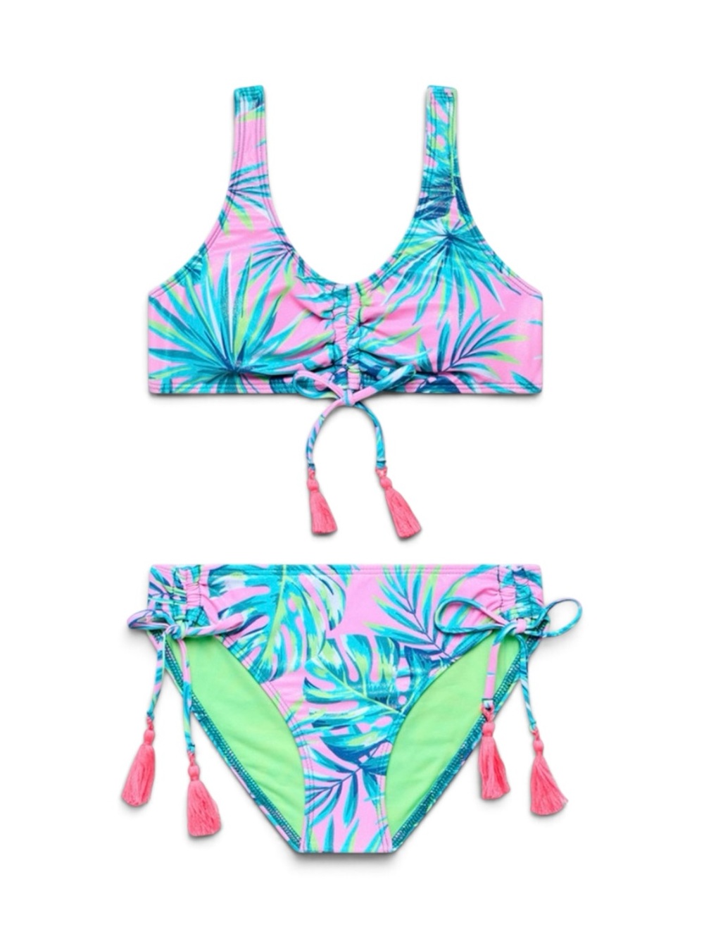 Beach Lingo Girls Tropical Palm Print Tassel Bikini 2-Piece Swimsuit Size 8
